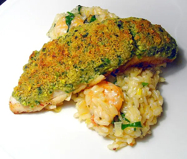 Zanderfilet mit Bärlauchkruste auf Bärlauch-Risotto